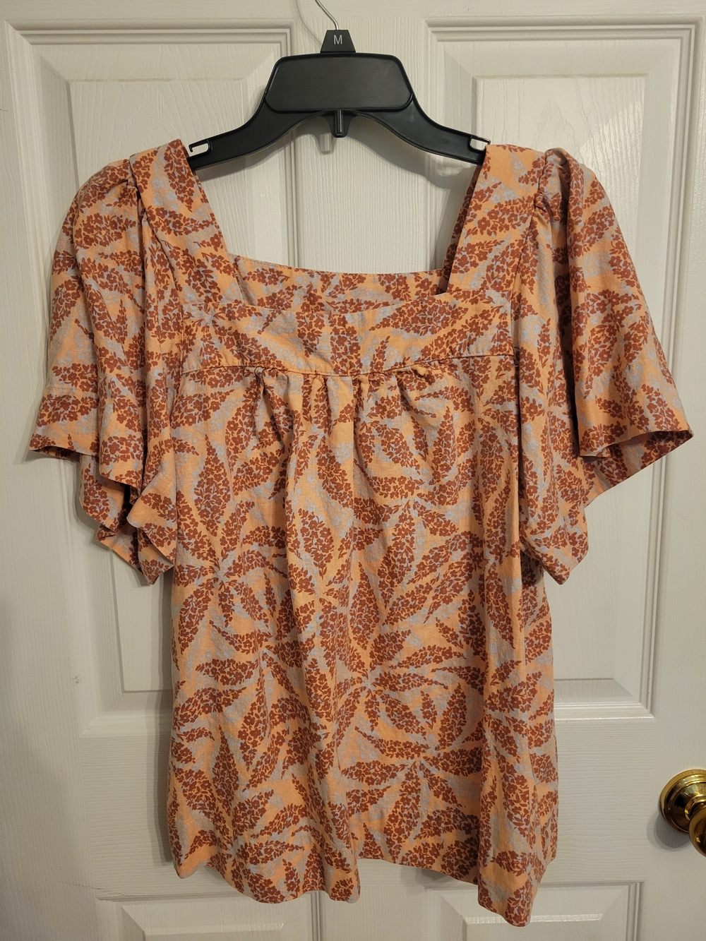 Eco Threads Peach Printed Flutter-Sleeve Square Neck Blouse